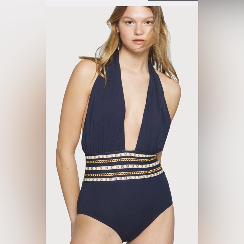 MICHAEL Michael Kors Cross Front Halter One Piece Swimsuit - Chain Border12 A301 - Picture 3 of 7